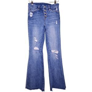 Flare‎ Leg Distressed Jeans M Button Fly Medium Wash Raw Hem Unbranded Denim